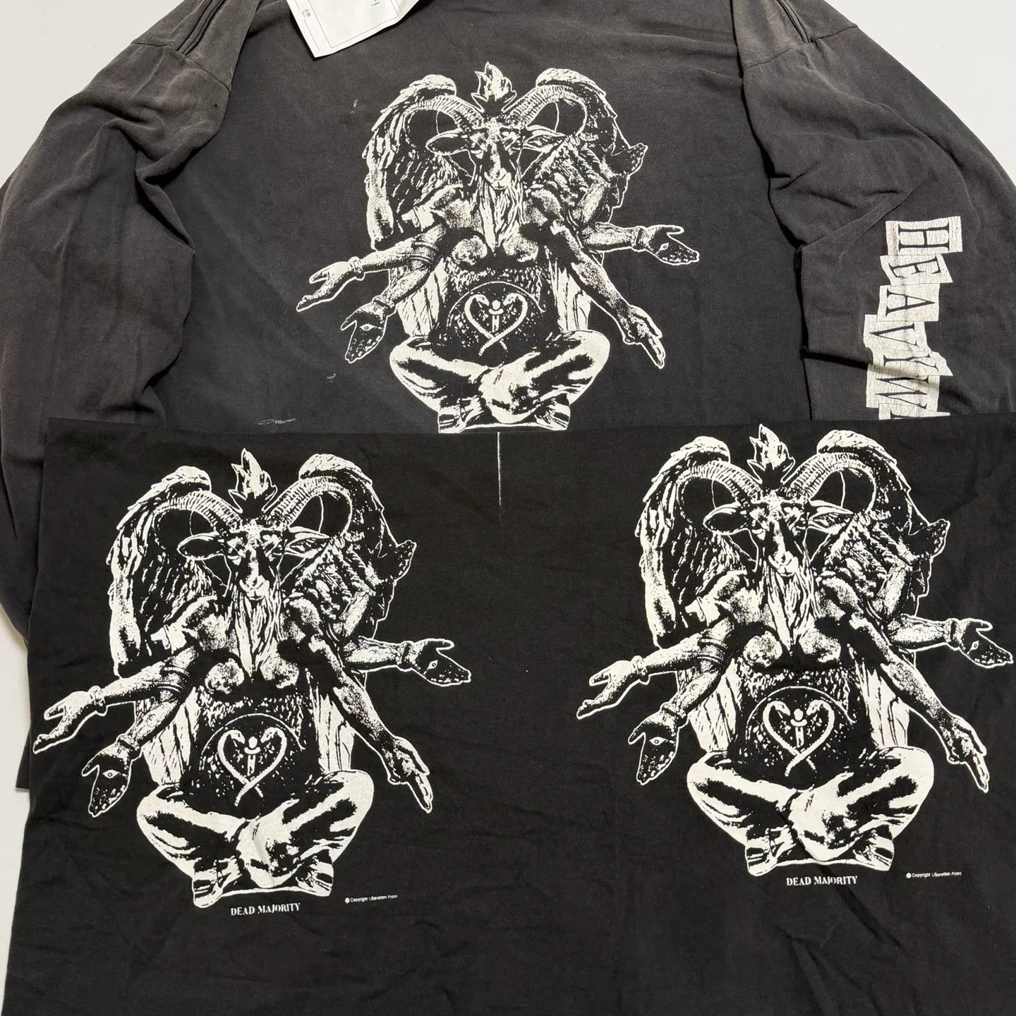 Printed board SAINT Mxxxxxx LS TEE/HEAVY WEIGHT/BLK Sheep head devil distressed long sleeves Washed in black S-XL 25 autumn and winter latest style Cylindrical side seam fabric Rewashed with faded and distressed top printing technology Old crack treatment Correct version Original consistent main mark/washed mark/little angel anti-counterfeiting mark Hand-splashed ink graffiti Wormhole worn Top purchasing level